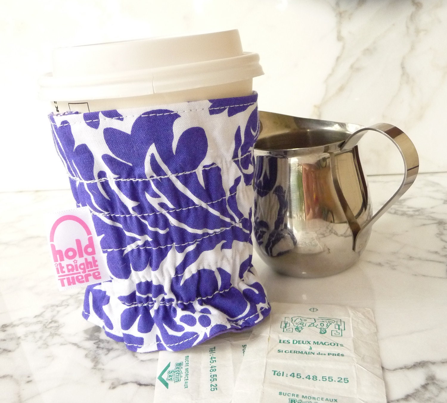 JAVA JACKET - Reusable Beverage Sleeve - Shirred Coffee Cozy  - Jennifer Paganelli's Queen Street Vivid Purple Damask Cotton Fabric