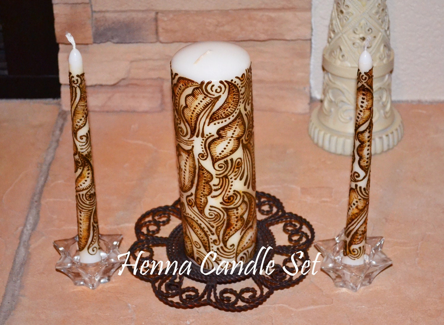 Unity Candle, Autumn Leaves Henna Candle Set, Original, Wedding Centerpiece, Global Henna Art