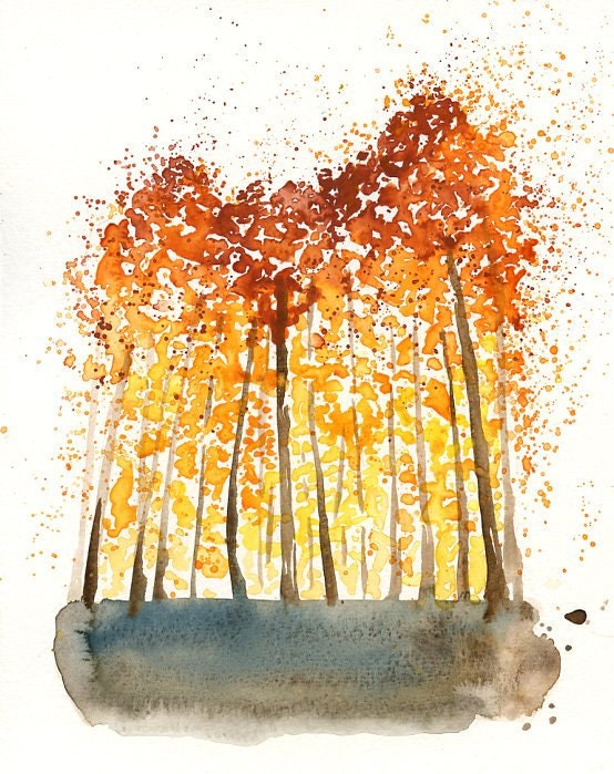 Autumn Forest -Landscape painting-Watercolor-Orange autumnal forest-Archival Print from my original watercolor painting 8x10 inch