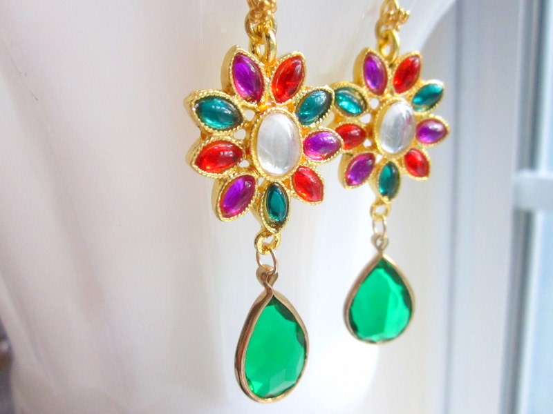 Dangle Earrings Bright Colors Flower by MinouBazaar