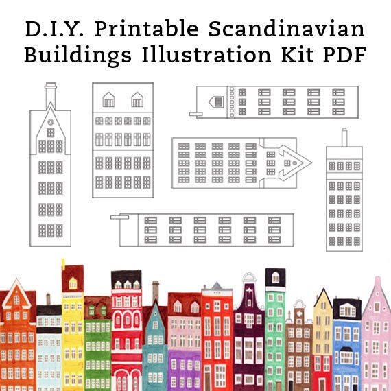 DIY Scandinavian Buildings and Houses Printable Illustration Art Craft Kit PDF 8.5 x 11