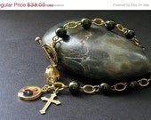 SUMMER SALE - Rosary Chaplet Bracelet in Forest Green Pearl, Glass Crystal and Gold. Handmade Rosary.