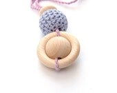 Crochet teething necklace for baby and mom- ring and lavender crochet bead.  Teether toy. boys and girls.eco friendly gifts for kids