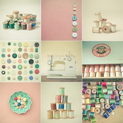 Buttons and Thread - Button art, vintage style photos, sewing room decor,  craft room art - Set of Nine 4x4 Mini Prints