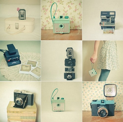 Memories - Camera photo, retro wall art, gift for photographer, still life photo, mint, blue, black - Set of Nine 4x4 Mini Prints