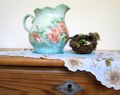 Vintage Pitcher with Pink Roses on an Aqua Blue and Mint Green Background Cottage Chic SHabby Chic
