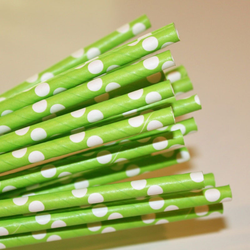 25 Solid LIME Green  / WHITE Dot Paper Straws, Christmas Parties, Holiday Parties, Wedding, Party Straws with DIY Printable Straw Flags