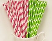 30 Pink STRIPES and Green DOTS Assorted  Paper Straws with  Printable Paper Flags, Birthday, Party, Baby Shower