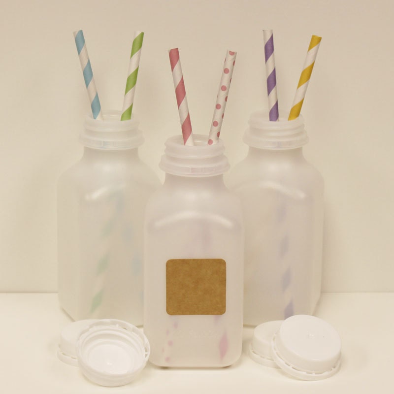 Milk Bottles, 10 (12 0z.) Plastic Milk Beverage Bottles with Lids and DIY Printable black chalkboard style labels, School parties, Lunch Box