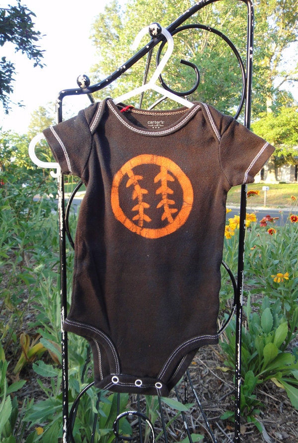 Baby Bodysuit: Black with Orange Batik Baseball, Short Sleeves (3 months) READY TO SHIP