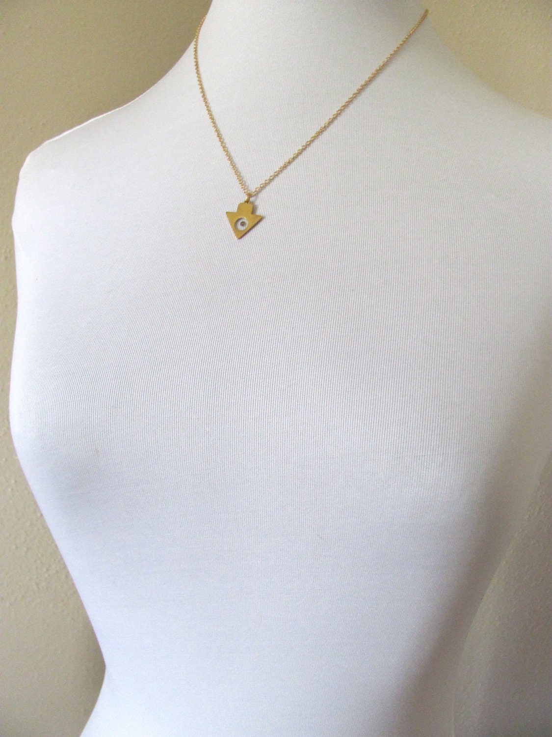Gold arrow pendant necklace, geometric triangle, 14k gold plate chain, window and rhinestone