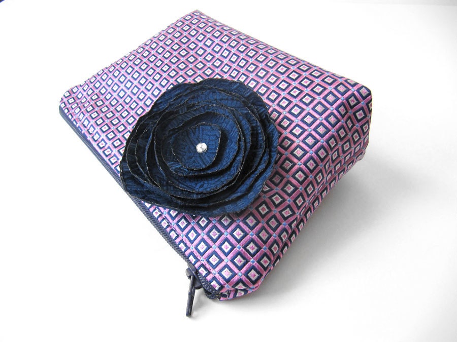 Pink Navy Cosmetic Case Zipper Pouch Recycled Necktie with Flower Brooch