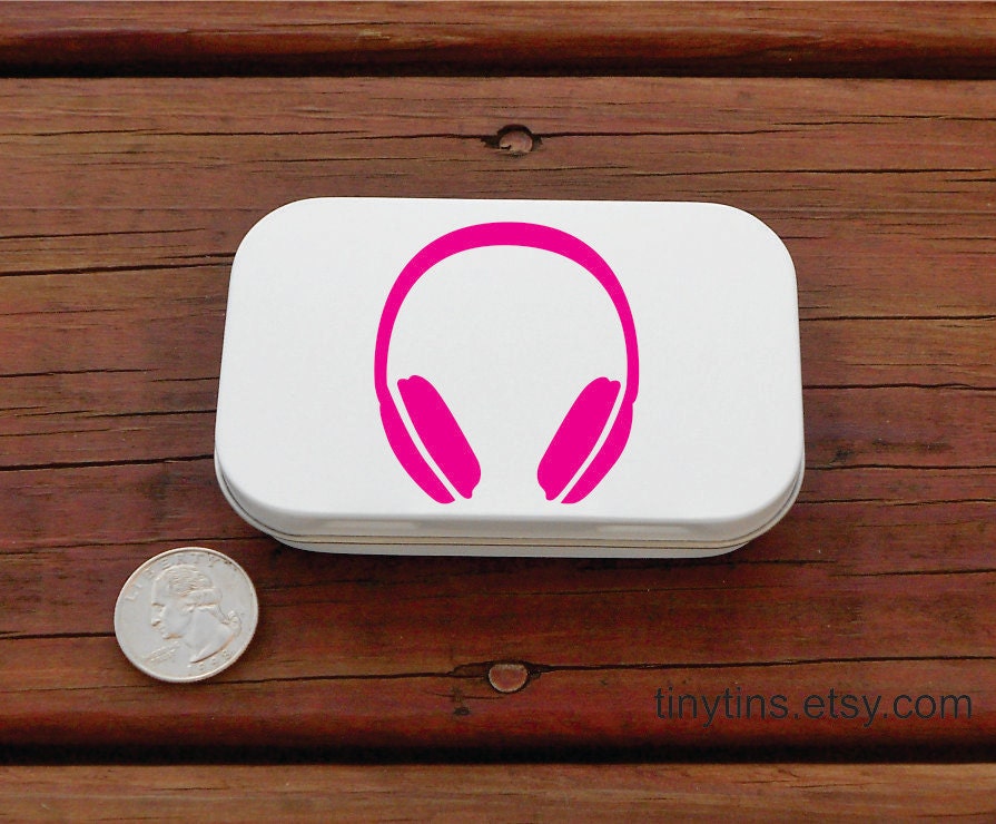 Magenta Pink headphones earbuds tin - large white altoid hinged tin