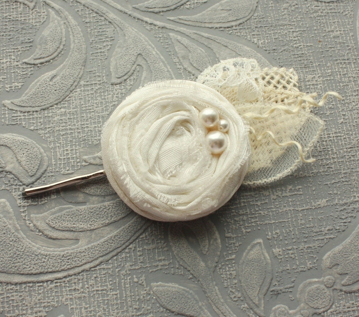 Silk Rosette Hair Pin - Light Ivory with Lace & Burlap Leaves - Rosalie - (Many Colors Available)