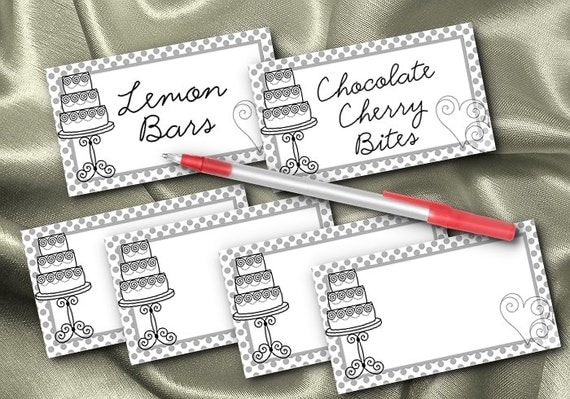 10 Blank Table Cards, Place Cards, Food Label Cards, Bridal Shower, Wedding, Polka Dots, Grey, Wedding Cake Il_570xn