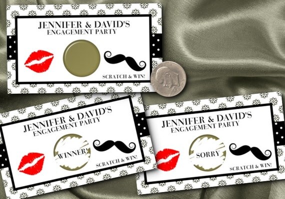 10 Party Scratch Off Cards, Bridal Shower, Engagement Party, Games, Lips & Mustache Design Il_570xn