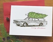 Retro Station Wagon with Christmas Tree - Letterpress Holiday Cards (set of 8)