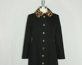 1960's Vintage Coat - Black Trench Coat with Real Leopard Collar and Buttons