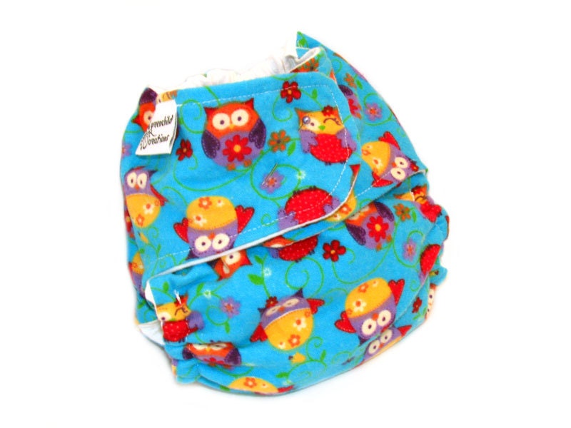 Fitted Cloth Diaper, OS, Flannel - Owls, bright blue