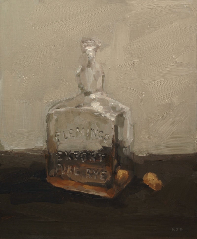 The Bottle Half Empty, Original Oil Painting of Vintage Whiskey Bottle