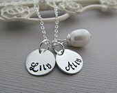 Hand Stamped Mommy  Personalized necklace, Monogram Necklace, Sterling Silver, White Pearl, Two Disc Necklace
