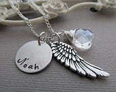 Personalized necklace Hand Stamped Jewelry Monogram Necklace Angel Wing Jewelry Custom Gemstone