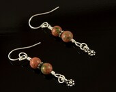 Sterling Silver and Unakite Gemstone Earrings, dangle, beaded, charm, green, salmon, semi precious