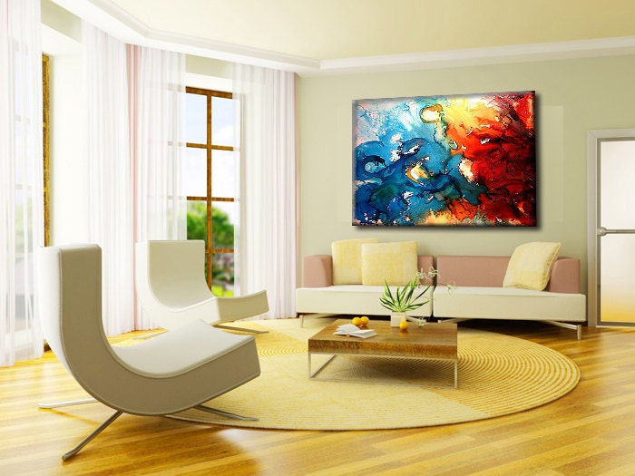Huge Original Modern Painting, Red And Blue Abstract painting, Contemporary Fine Art by Henry Parsinia Large 48x36