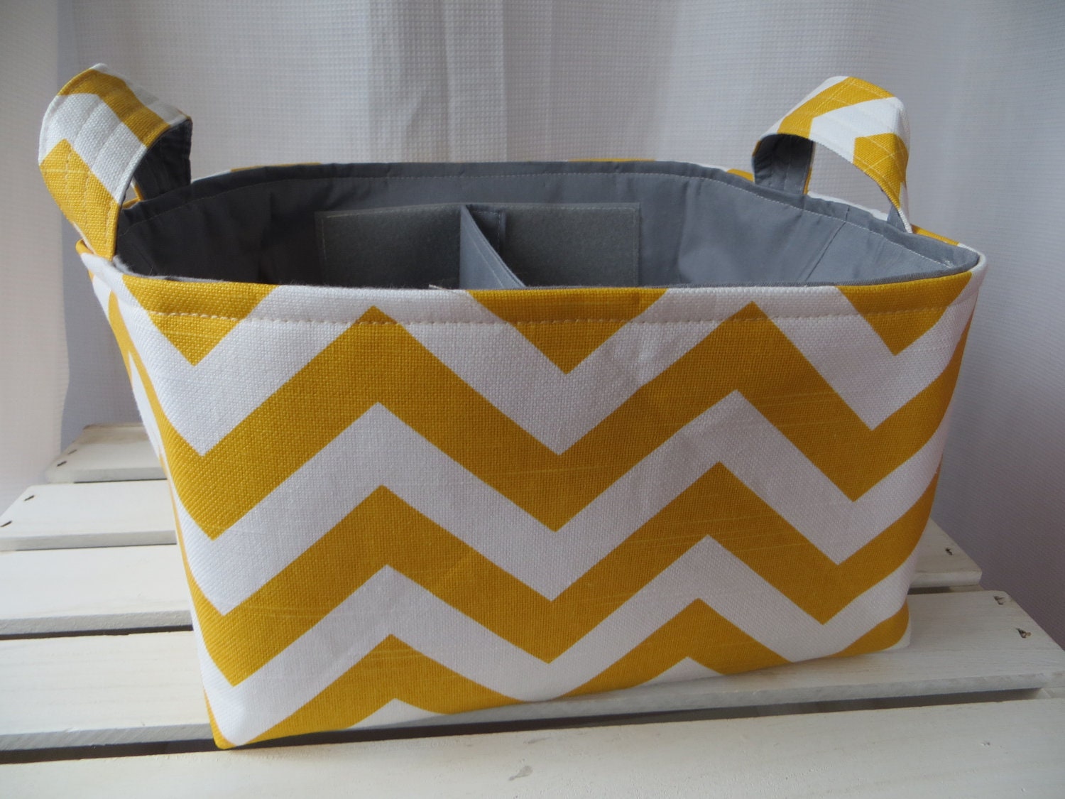 Diaper Caddy, Fabric Basket bin with adjustable dividers 10 x 10 x 6 Chevron Premier fabric