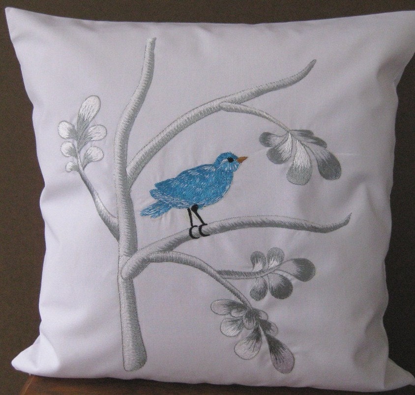 ONE SET Embroidered Decorative Pillow Cover - Chinoiserie Bird in Branch - 18" x 18" (Ready to Ship)