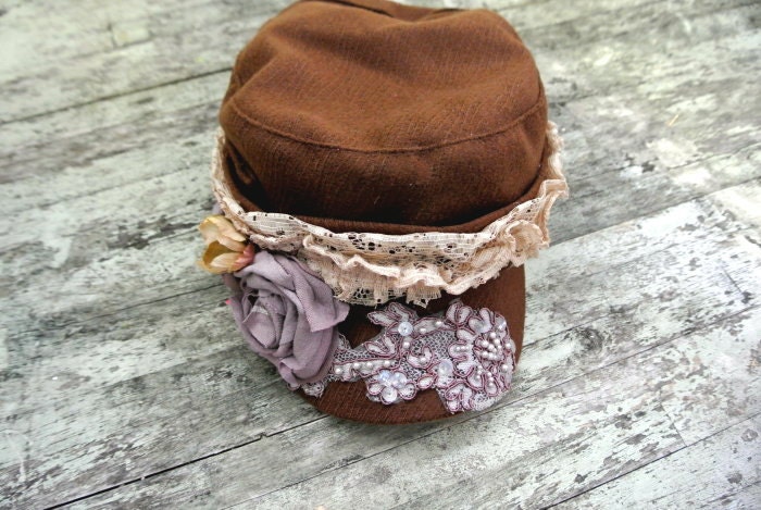 Embellished fall hat, reserve for Kprendy2 military cadet hat, chocolate brown country chic hat, womens accessories, rustic, cottage, shabby