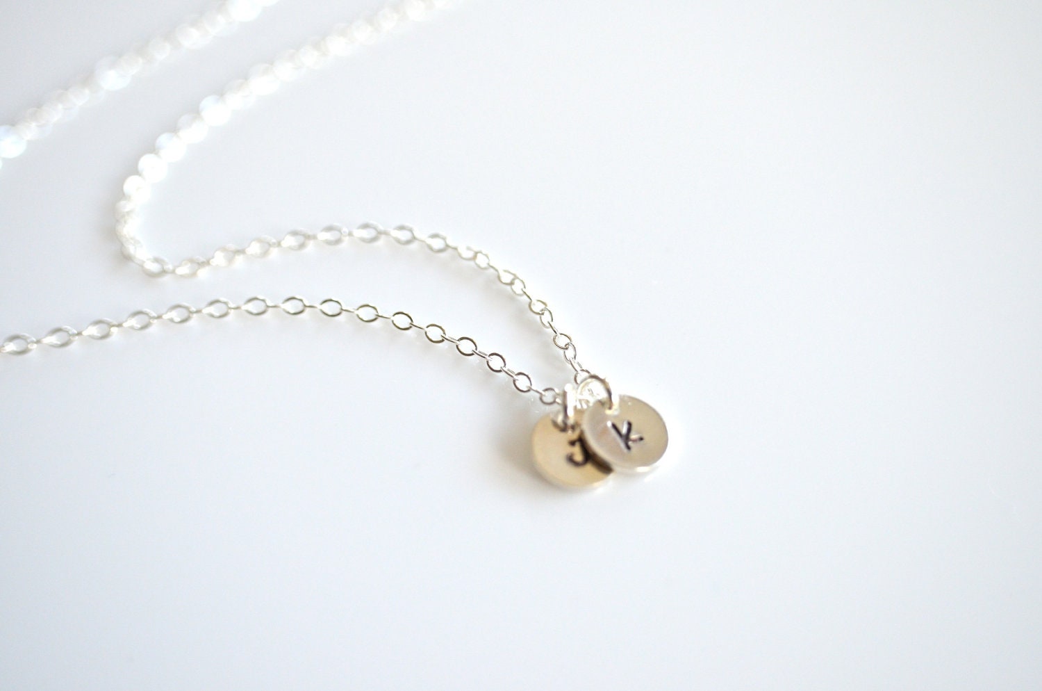 Two Initial Disk Necklace - Sterling Silver - Bride, Bridal party, Bridesmaid Gift, Wedding, Christmas Gift, Birthday