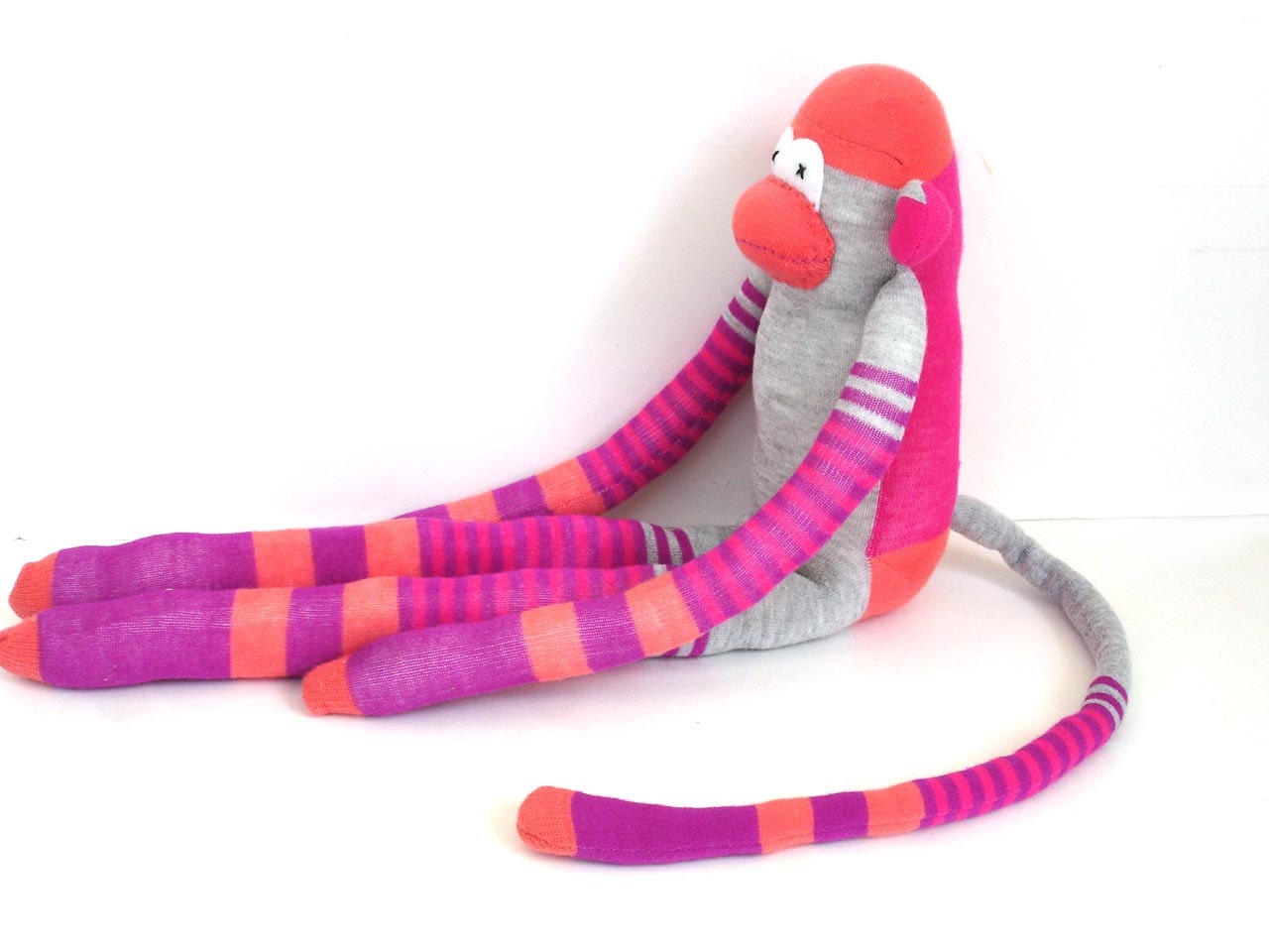Sock monkey toy doll hot pink orange stripes, extra tall, soft plush