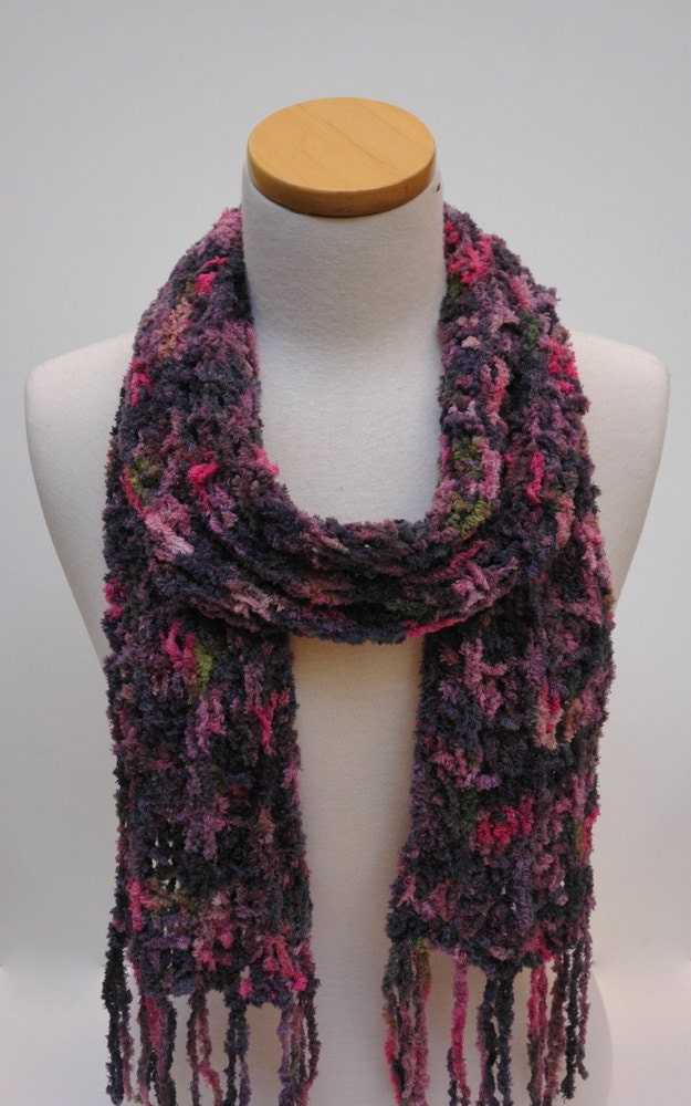 Cotton Chenille Scarf- Hand Knit- Merlot, Rose,Mauve, Forest Green, Black