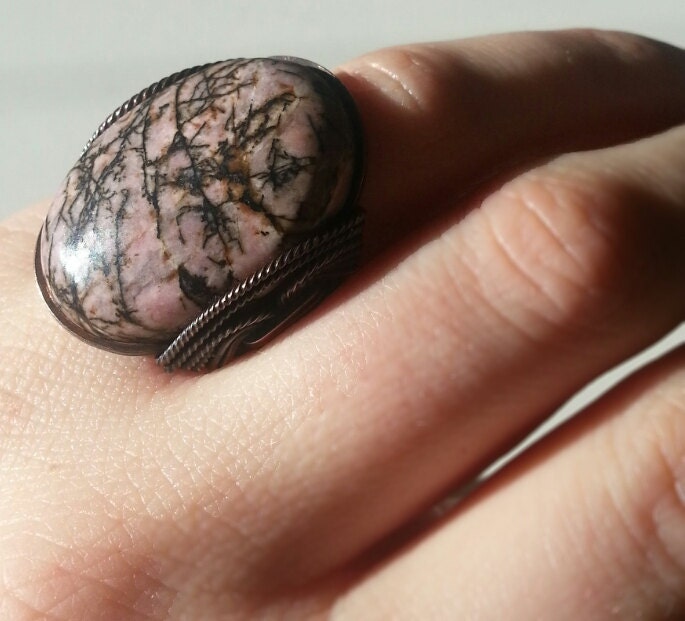 Stone Ring, Pink Black Ring, Natural Rhodonite, Dark Warm Oxidized Copper, Unique Gift, Summer Fashion