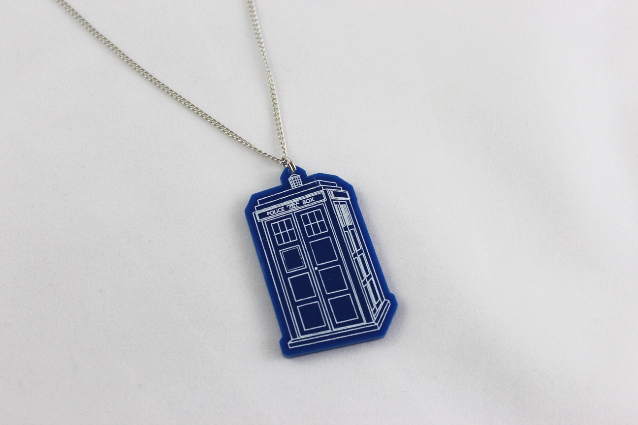 Tardis Necklace - Laser Cut Doctor Who TARDIS Blue Etched Pendant Gift