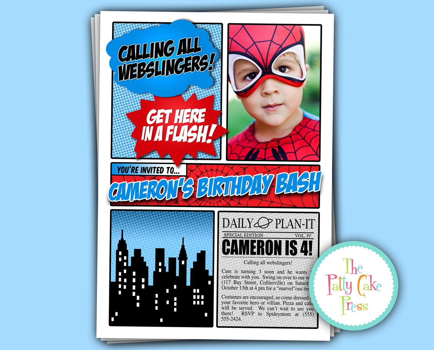 Spiderman Invitation with photo, Birthday Party Custom Printable Digital File Super Hero Spiderman Superman Batman Superhero Captain America