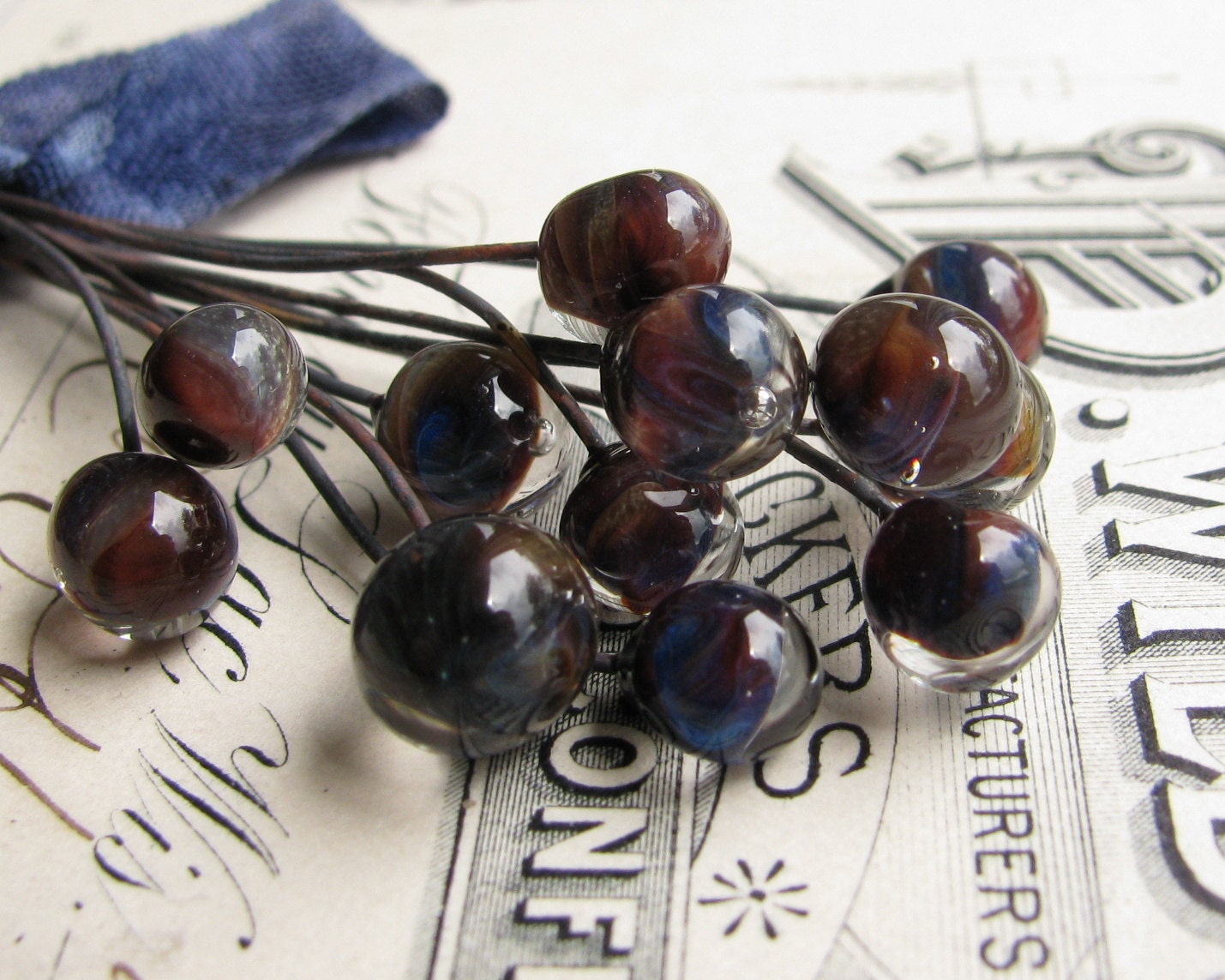 Handmade glass headpins "Belladonna" 8mm round, 3" long copper wire, 22 gauge, lampwork, earthy purple, blue swirl (4 head pins)