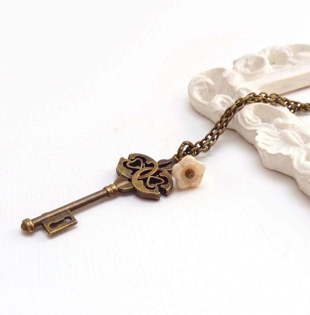 Skeleton Key Pendant Necklace, Vintage Style Brass Layering Necklace, Ivory Glass Flower, Romantic Jewelry, Key to My Heart