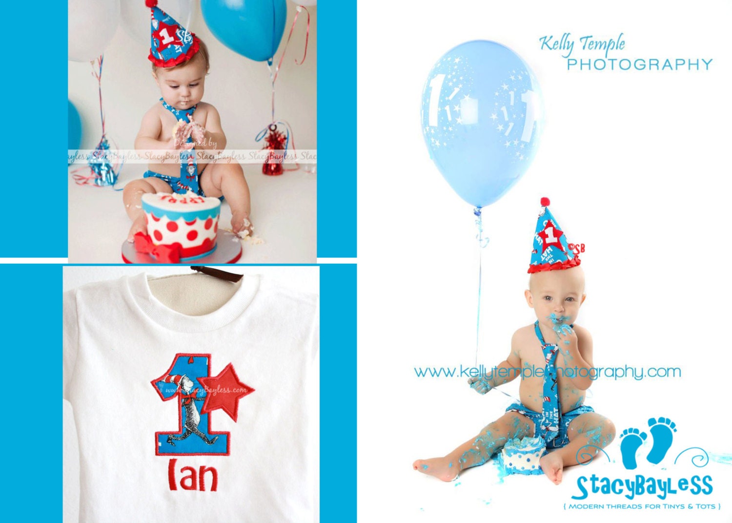 3 PIECE SET Dr. Seuss Party Hat - Diaper Cover - Necktie for Cake Smash or First Birthday - Baby - Boys