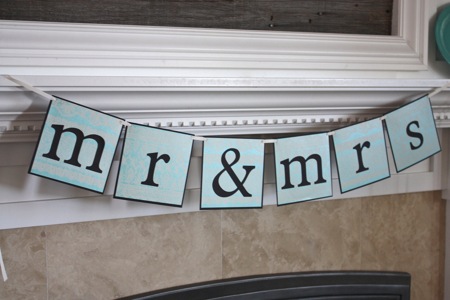 SALE: Mr and Mrs  turquoise and ivory vintage glam Wedding Banner