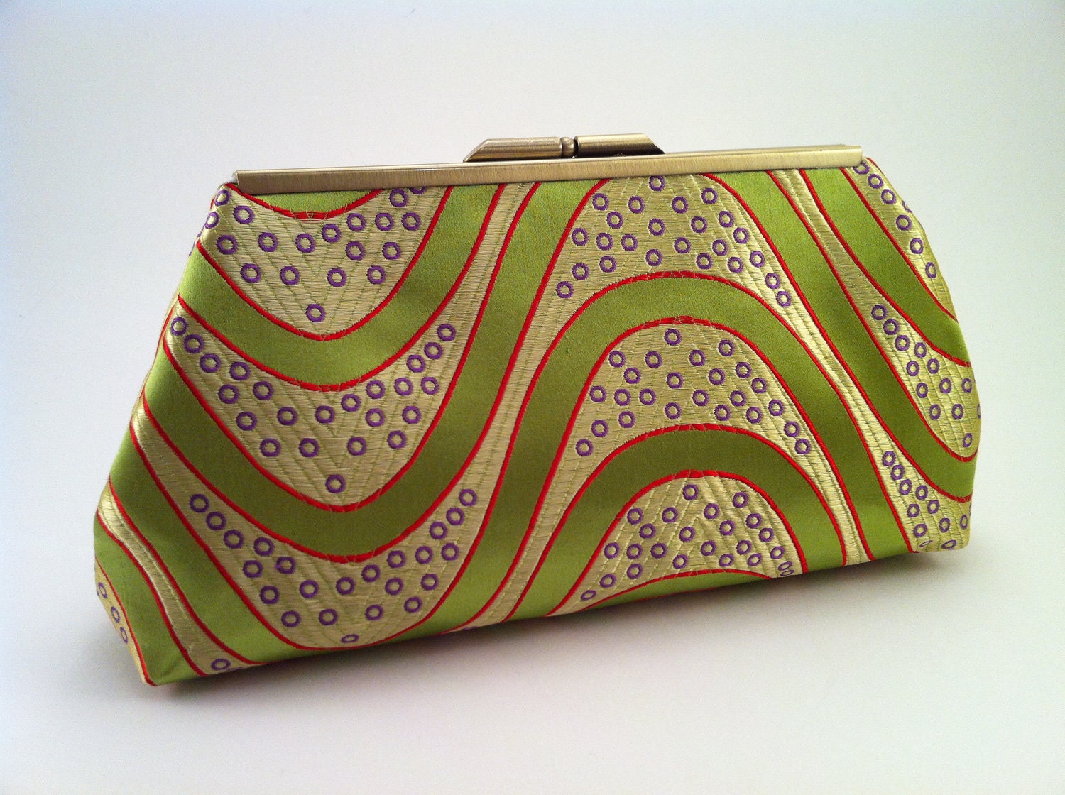Silk Clutch Purse- Citrine Green, Red and Purple Evening Bag for Special Occasions, Holiday Parties, Weddings