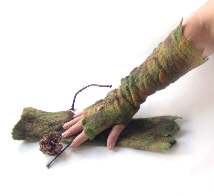 Felted Mittens fingerless gloves - khaki green brown