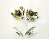 On Sale - Hand Painted Martini Margarita Glasses - Gold and Black Roses, READY TO SHIP Set of 4 - Abstract Modern  Winter Cocktail Glass