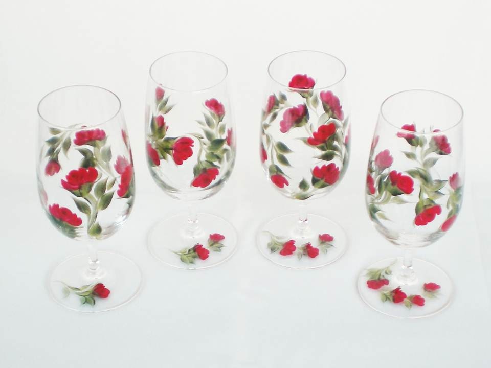 Hand Painted Iced Tea Glasses, Red Roses, Fresh Green Leaves, Set of 4 - Housewarming Gift  Ice Tea Water Beverage Goblet