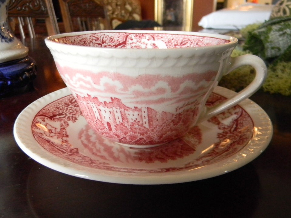 Red Pink Transferware Cup Teacup and Saucer  Historic Ludlow Castle & Caldicot Castle River Scrolls and Roses