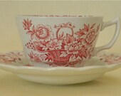 Vintage Red English Transferware Tea Cup and Saucer Victorian Basket of Roses
