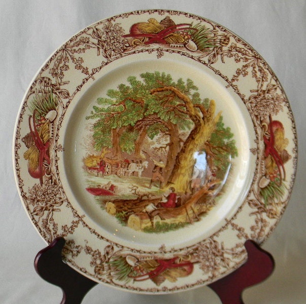 Rural Scenes Vintage English Brown Transferware Plate Mother Child Dog Woodcutter with Rare Border