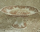 Copeland Spode Abbey Ruins Brown Transferware Octagon Footed Tray Compote Stand Castles Oak Leaves Acorns Abbey Ruins