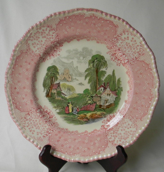 Rare Vintage English Polychrome Red Transferware Scenic Plate Royal Doulton Chatham